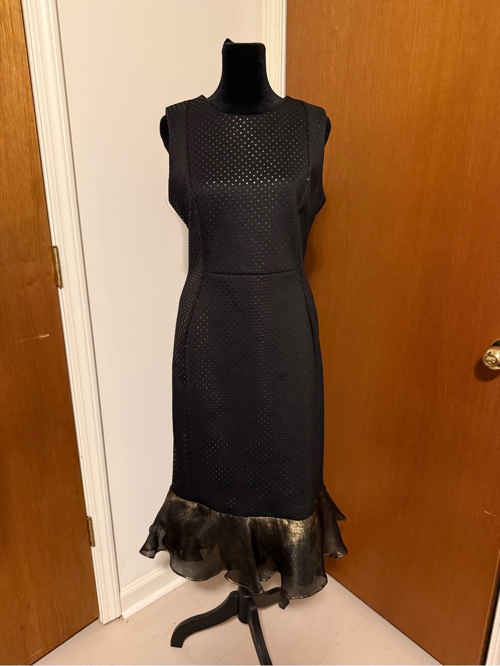 Calvin Klein Black Midi Sheath Dress with Metallic Ruffle Hem